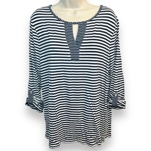 Chico’s Women’s Roll Tab Sleeve Blouse Navy White Stripe Size 2 (Large)